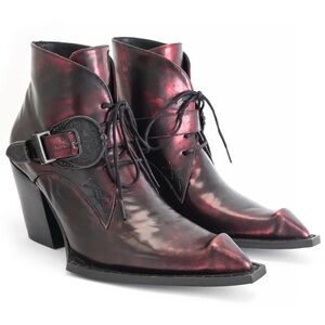John Fluevog Metallic Burgundy Black Pointed Toe Ankle Boots